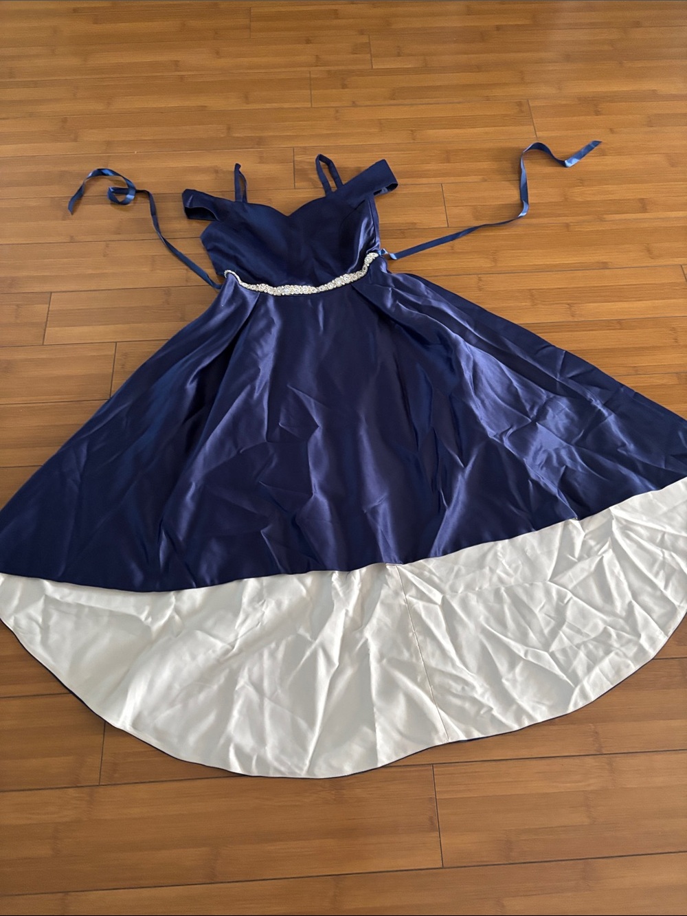 Rare Editions Navy and White Beaded Waist Formal Dress